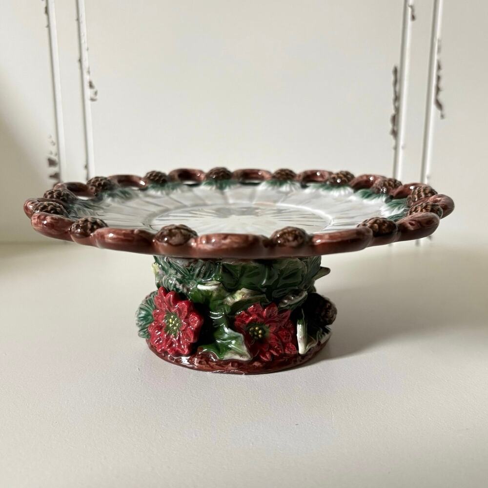 Vintage Appletree Design Poinsettia Pinecones Pedestal Cake Stand Christmas